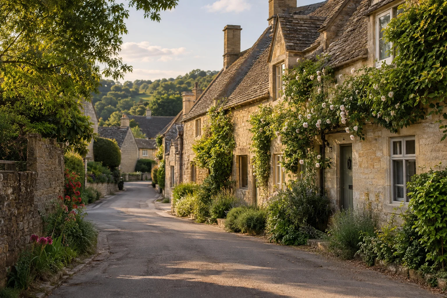 Honey-coloured stone cottages along a quiet Cotswolds village road; illustrative tour photography