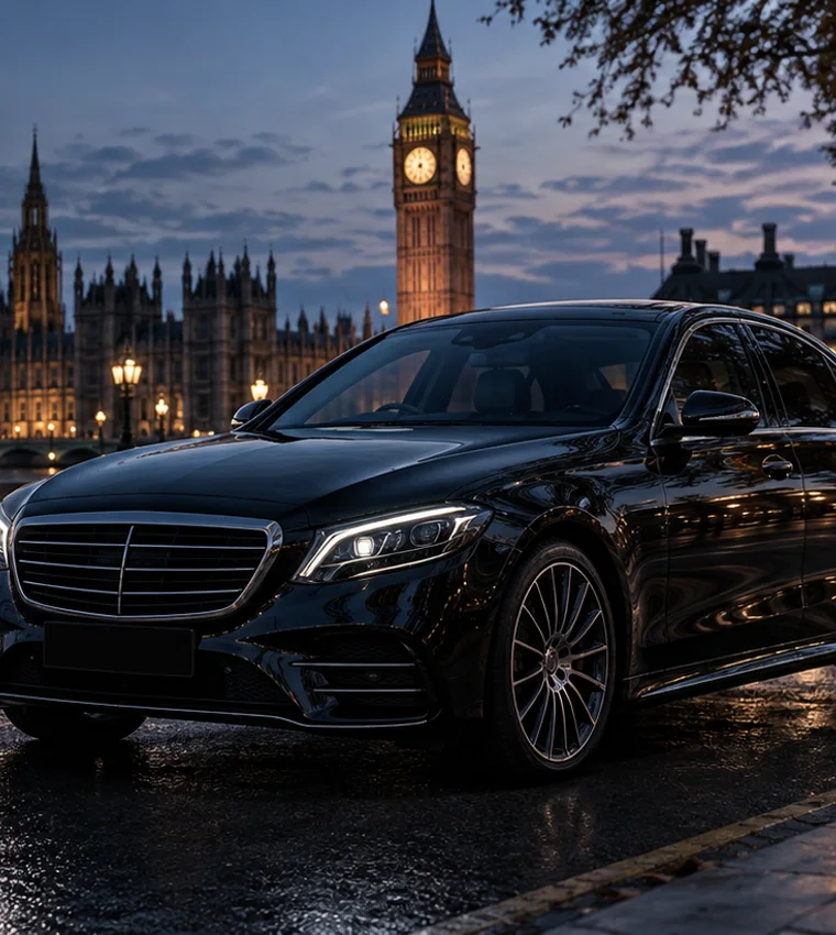 Illustrative executive vehicle against a softly lit London backdrop