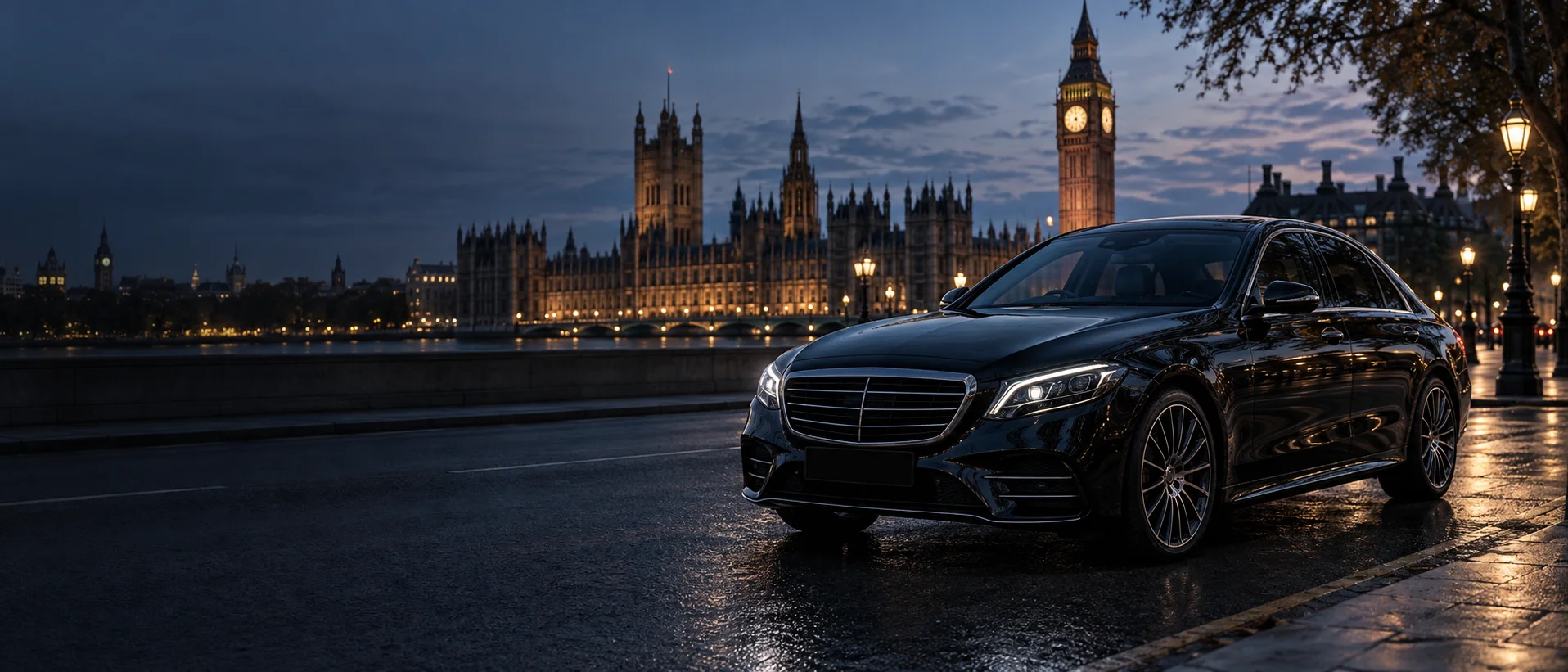 Illustrative black executive saloon in Westminster at blue hour
